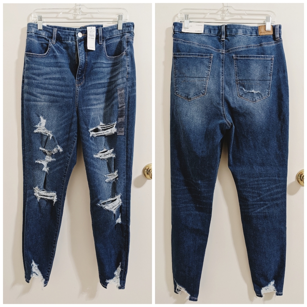 SOLD NWT American Eagle Dream Jeans Curvy Super Hi-Rise Ripped Distressed sz 12 - Picture 3 of 8
